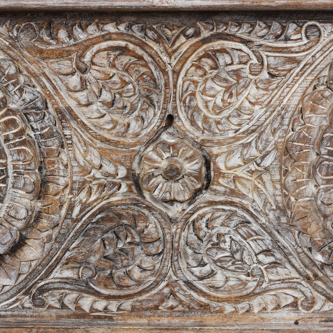 Carving Detail From Carved Blanket Chest Made From Reclaimed Painted Teak | Indigo Antiques