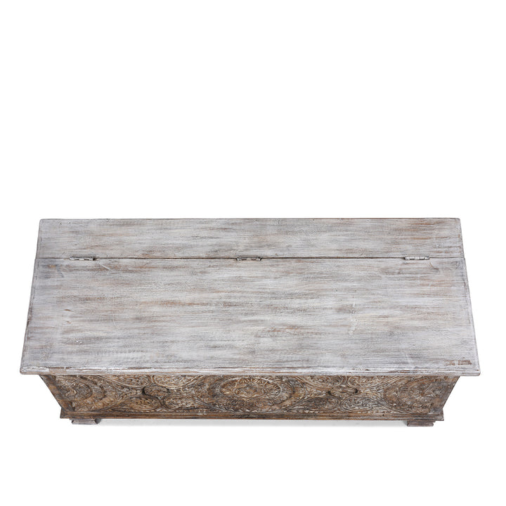 Top Down VIew Of Carved Blanket Chest Made From Reclaimed Painted Teak | Indigo Antiques