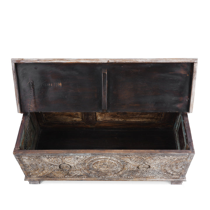 Lid Open View Of Carved Blanket Chest Made From Reclaimed Painted Teak | Indigo Antiques
