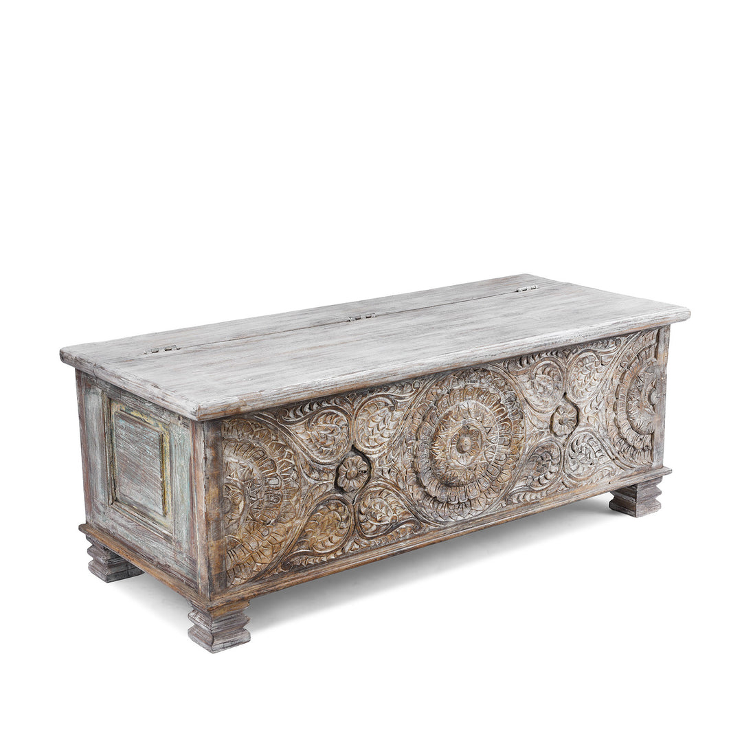 Angled VIew Of Carved Blanket Chest Made From Reclaimed Painted Teak | Indigo Antiques
