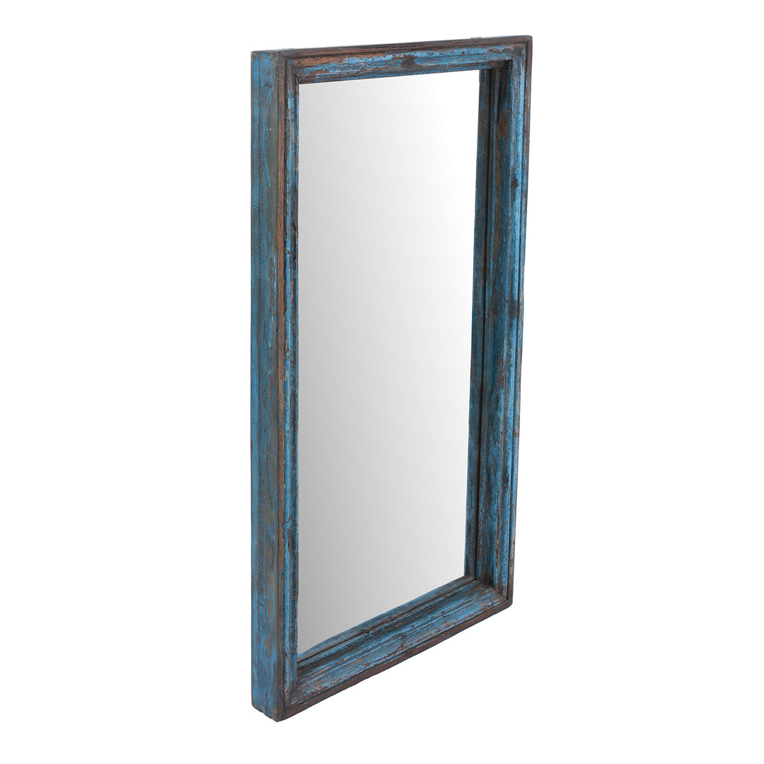 Angled VIew Of Blue Painted Mirror Made From An Old Teak Window | Indigo Antiques