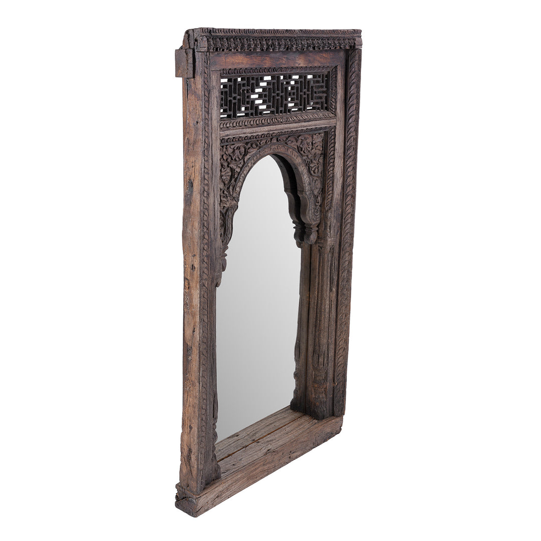 Angled View Of Old Teak Window Mirror From Madyha Pradesh | Indigo Antiques
