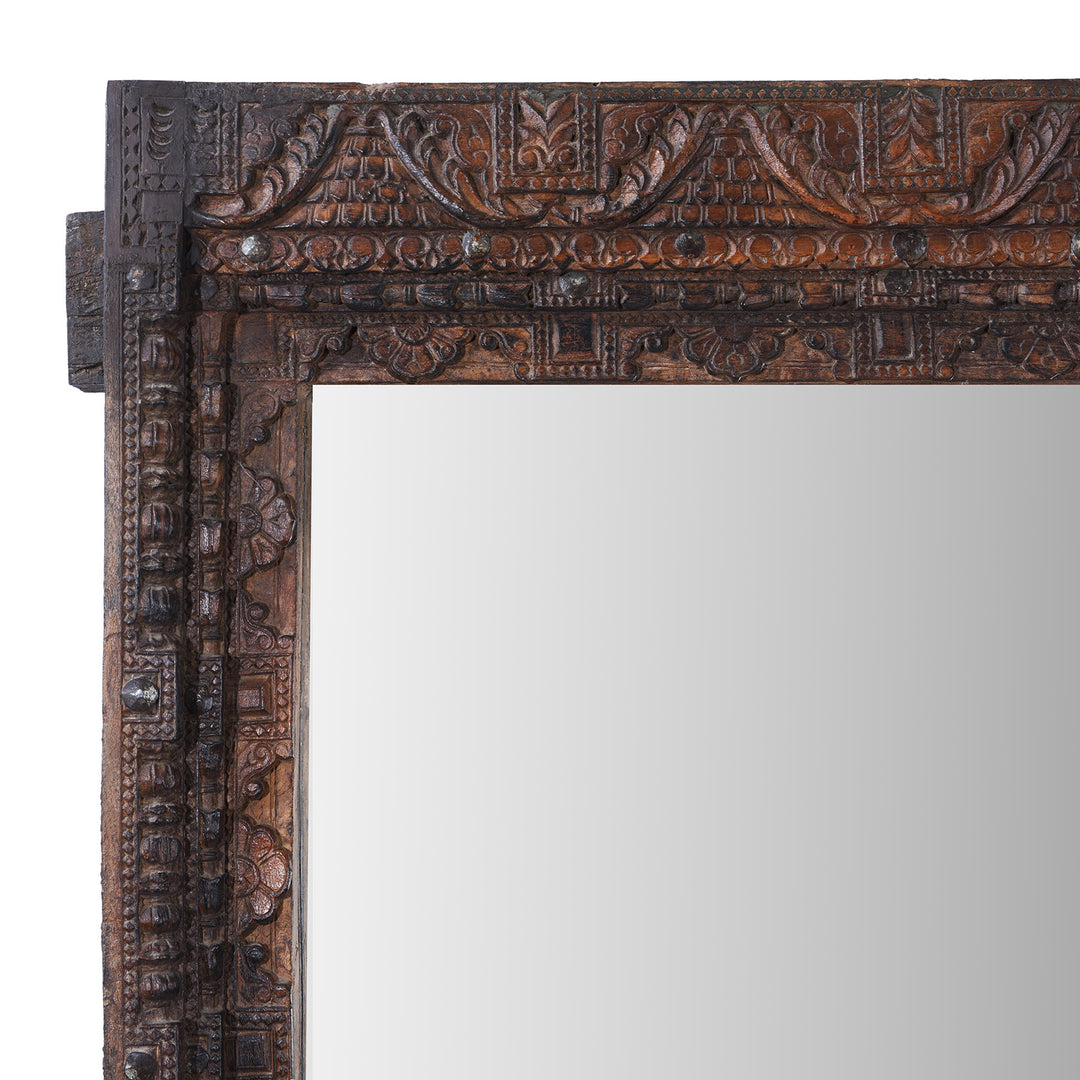 Corner Detail From Antique Indian Carved Teak Door Frame Mirror | Indigo Antiques