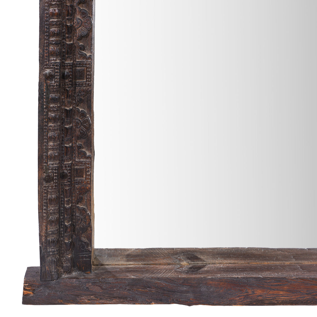 Bottom Corner Detail From Antique Indian Carved Teak Door Frame Mirror | Indigo Antiques