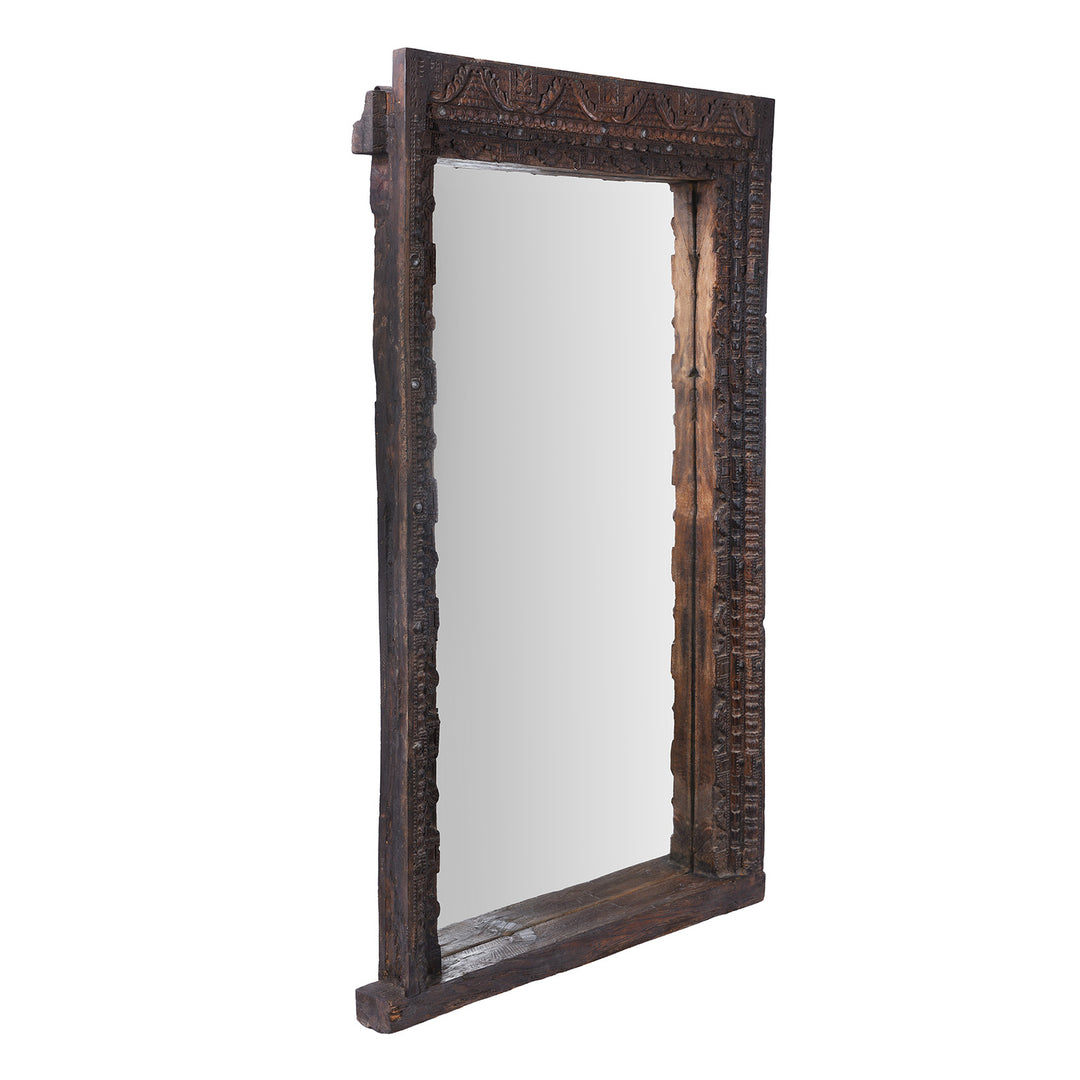Angled View Of Antique Indian Carved Teak Door Frame Mirror | Indigo Antiques
