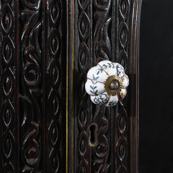 Ceramic Door Handle Detail From Antique Indian  Almirah Cabinet On Chest | Indigo Antiques