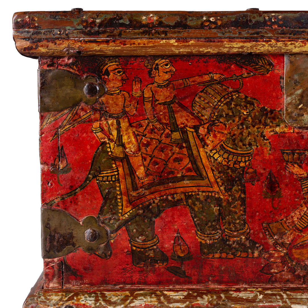 Elephant Detail From Late 18th Century Painted Indian Cash Box From Phalodi With Elephants Floral Motifs And Original Iron Hardware | Indigo Antiques