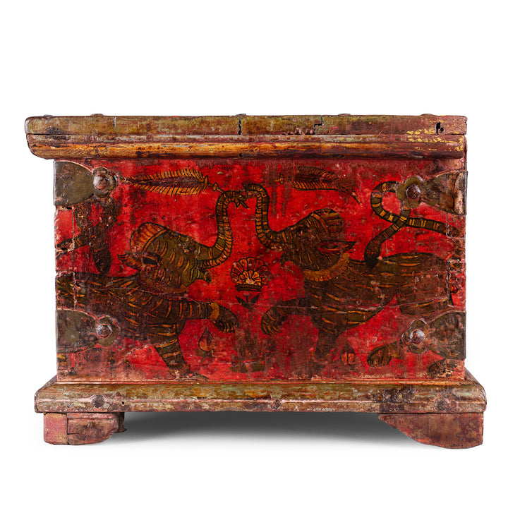 Elephants View Of Late 18th Century Painted Indian Cash Box From Phalodi With Elephants Floral Motifs And Original Iron Hardware | Indigo Antiques
