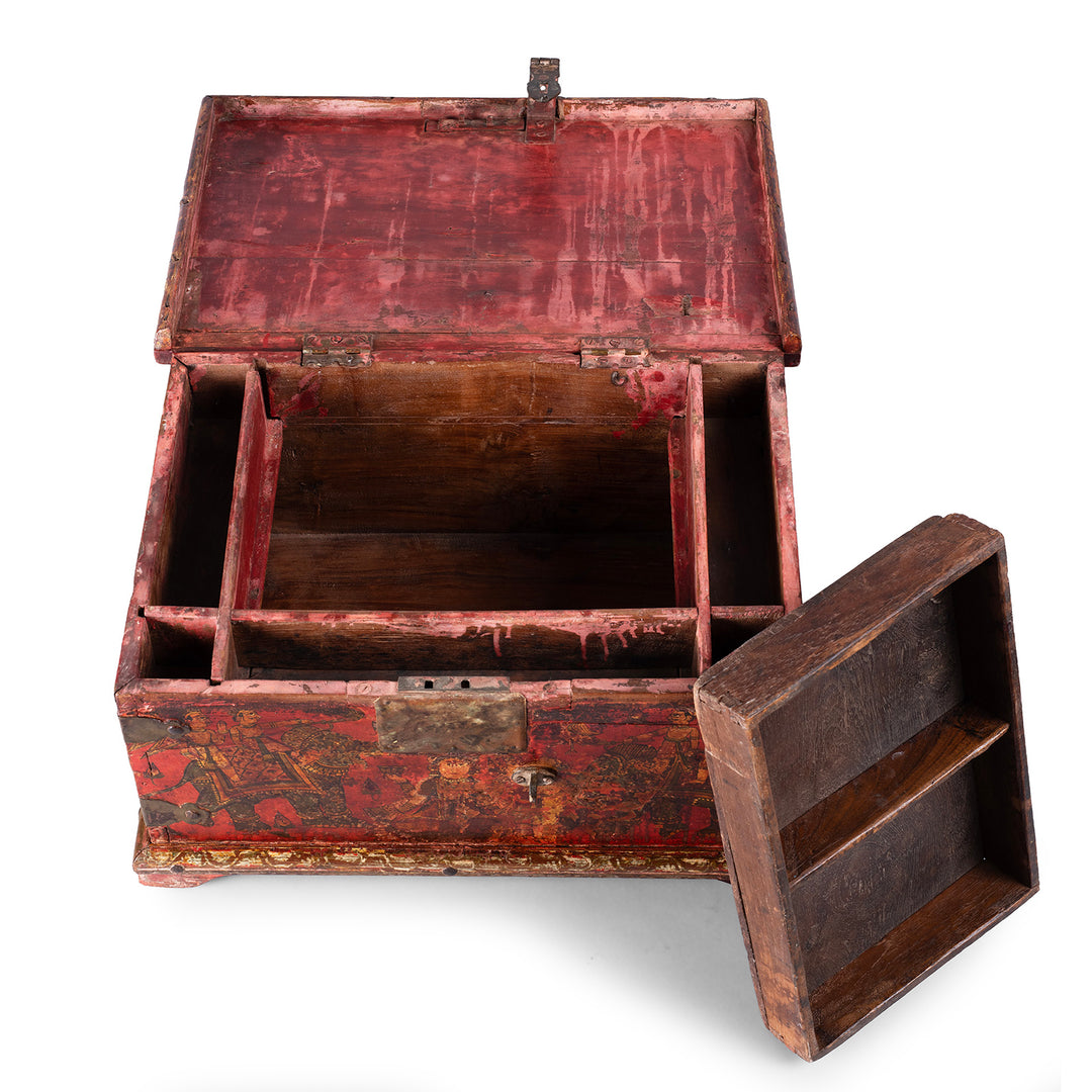 Top Down View Of Late 18th Century Painted Indian Cash Box From Phalodi With Elephants Floral Motifs And Original Iron Hardware | Indigo Antiques