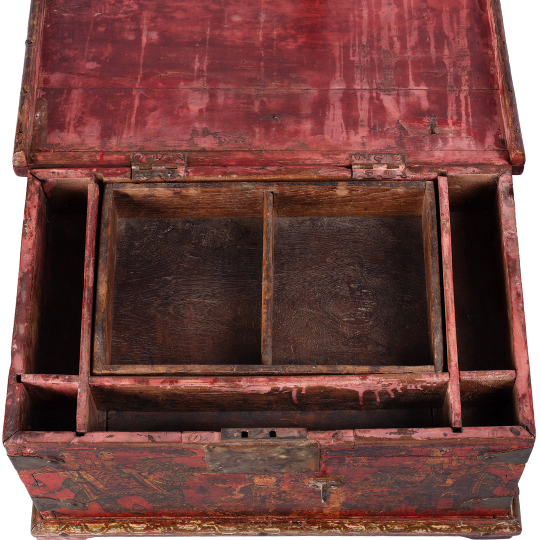 Top Down VIew Of Late 18th Century Painted Indian Cash Box From Phalodi With Elephants Floral Motifs And Original Iron Hardware | Indigo Antiques