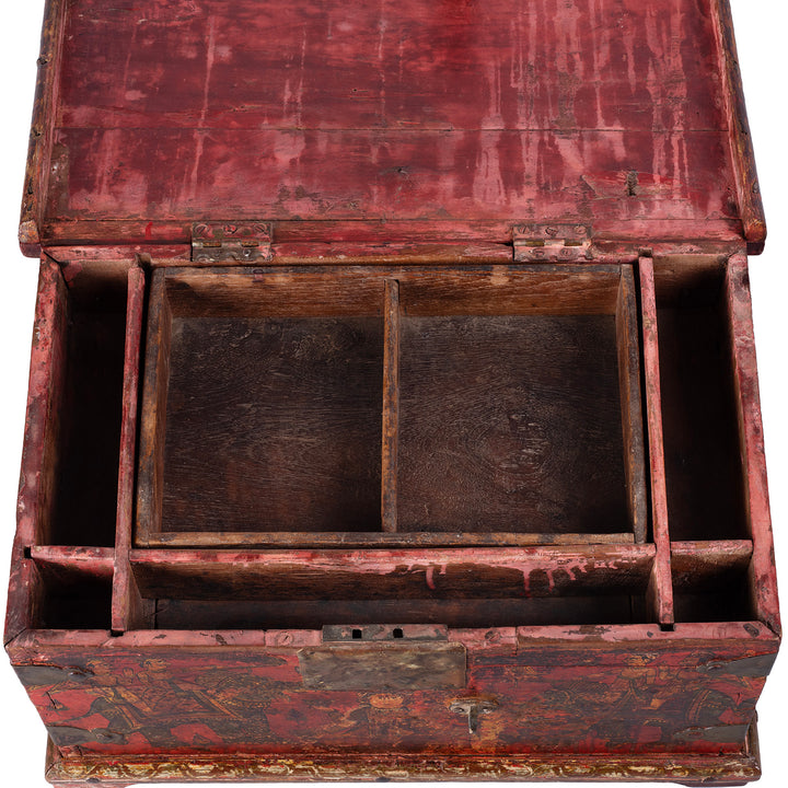 Top Down VIew Of Late 18th Century Painted Indian Cash Box From Phalodi With Elephants Floral Motifs And Original Iron Hardware | Indigo Antiques