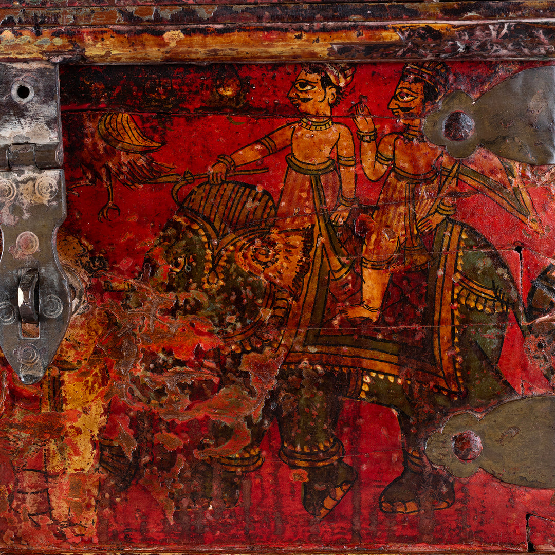 Elephant Detail From Late 18th Century Painted Indian Cash Box From Phalodi With Elephants Floral Motifs And Original Iron Hardware | Indigo Antiques