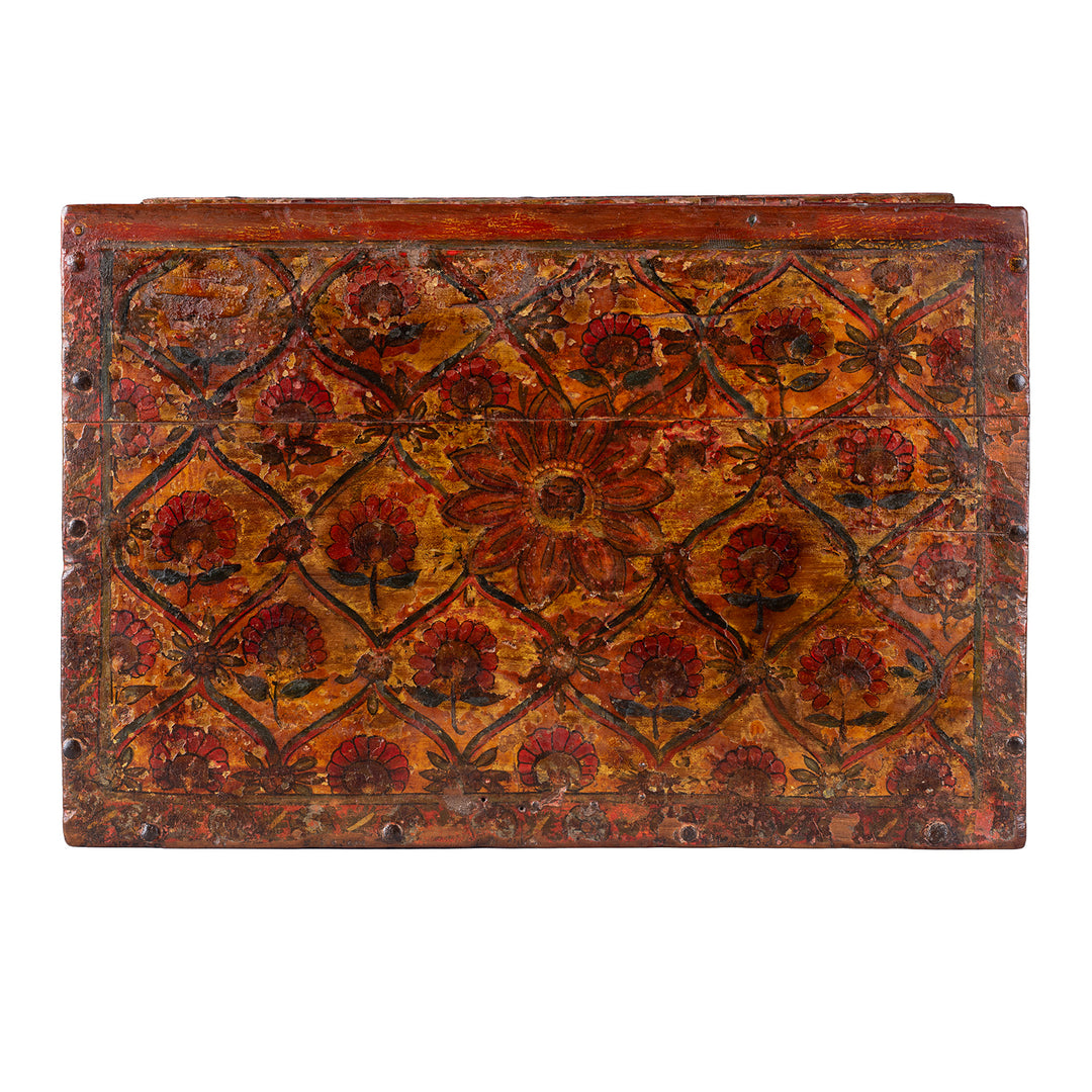 Top Down View Of Late 18th Century Painted Indian Cash Box From Phalodi With Elephants Floral Motifs And Original Iron Hardware | Indigo Antiques