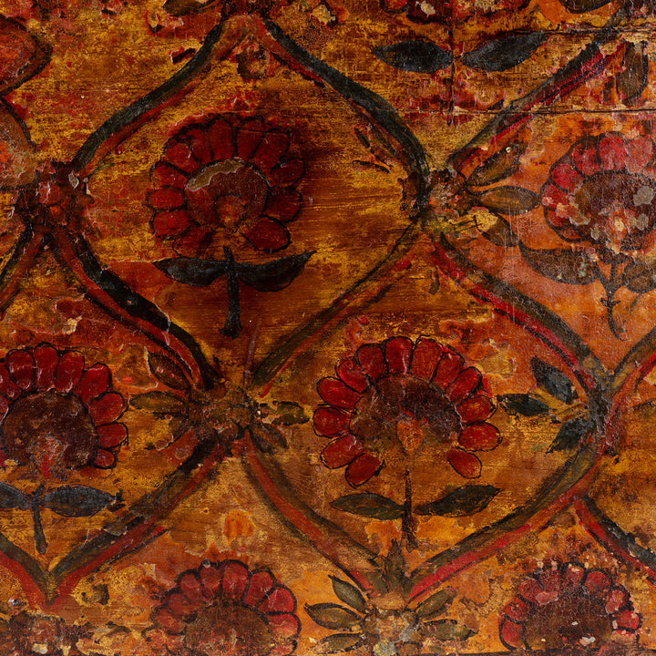 Floral Detail From Late 18th Century Painted Indian Cash Box From Phalodi With Elephants Floral Motifs And Original Iron Hardware | Indigo Antiques