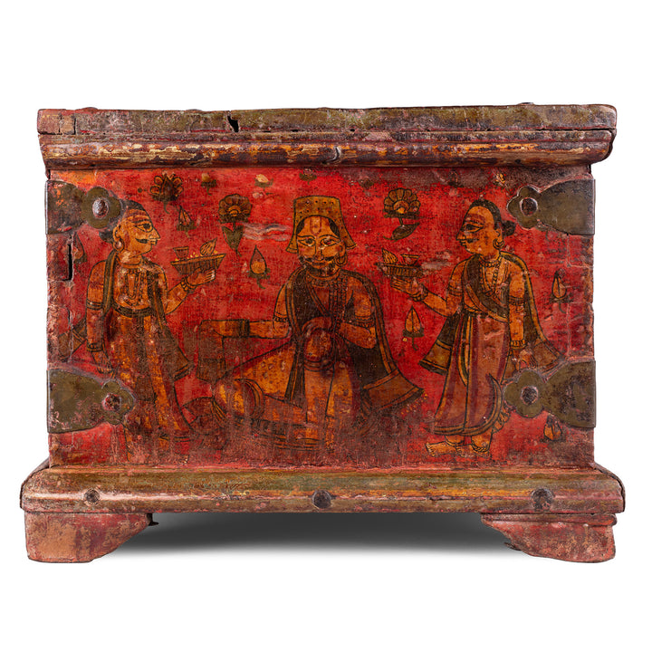 Side View Of Late 18th Century Painted Indian Cash Box From Phalodi With Elephants Floral Motifs And Original Iron Hardware | Indigo Antiques