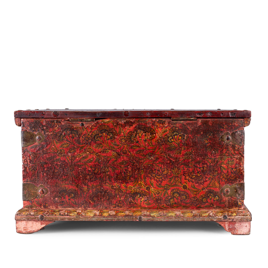 Back Of Late 18th Century Painted Indian Cash Box From Phalodi With Elephants Floral Motifs And Original Iron Hardware | Indigo Antiques