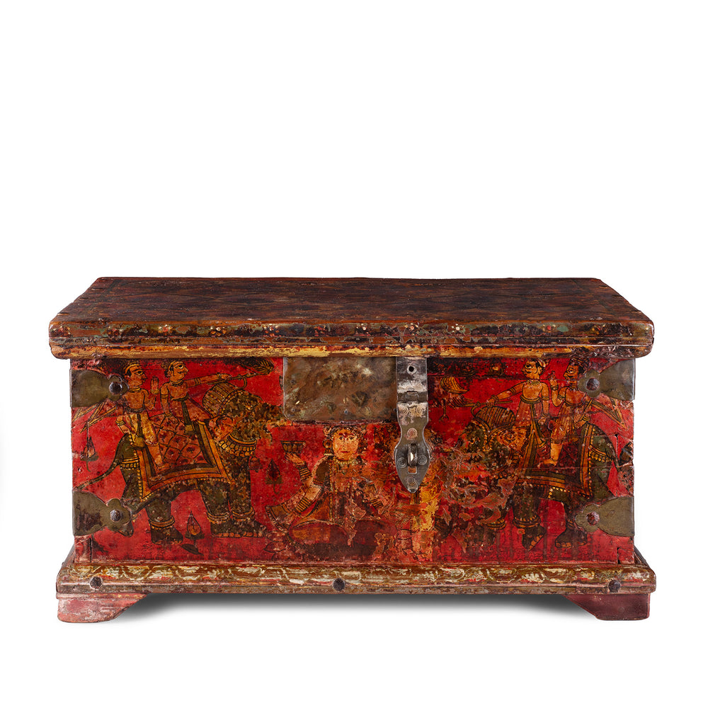 Late 18th Century Painted Indian Cash Box From Phalodi With Elephants Floral Motifs And Original Iron Hardware | Indigo Antiques