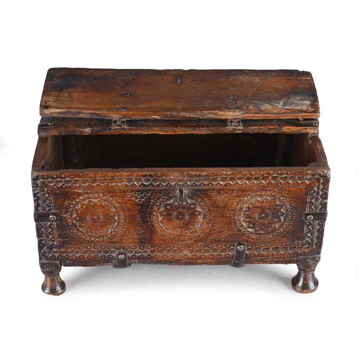 Open Lid VIew Of Antique Chip Carved Merchants Box From Ramgargh