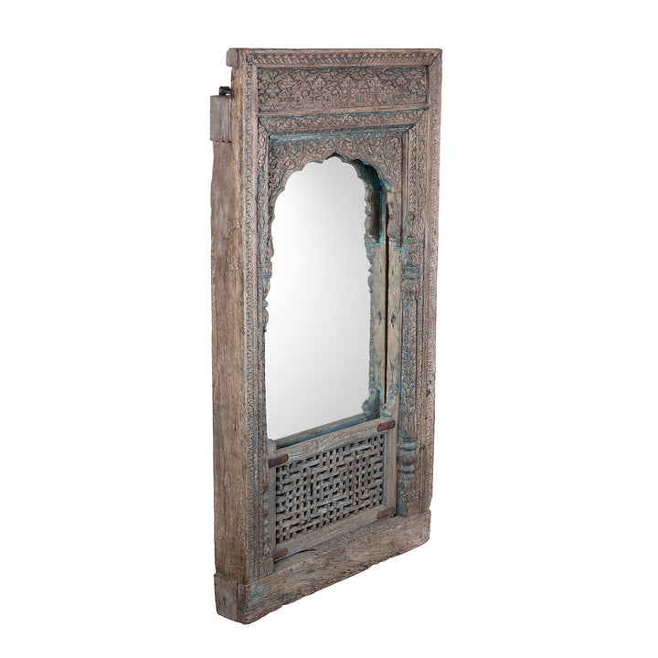 Angled View Of Antique Indian Window Mirror From Haryana | Indigo Antiques