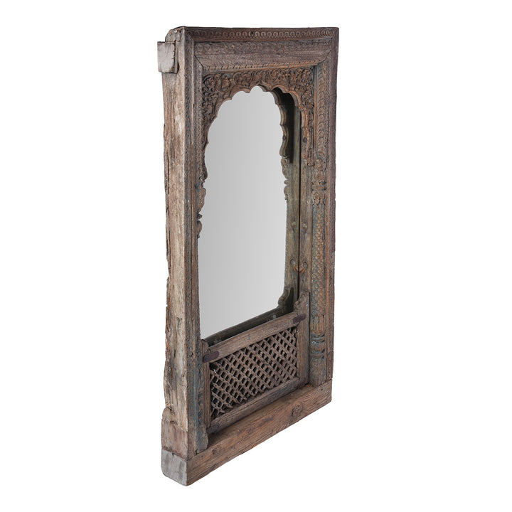 Angled View Of Antique Indian Mirror Made From An Old Carved Window | Indigo Antiques