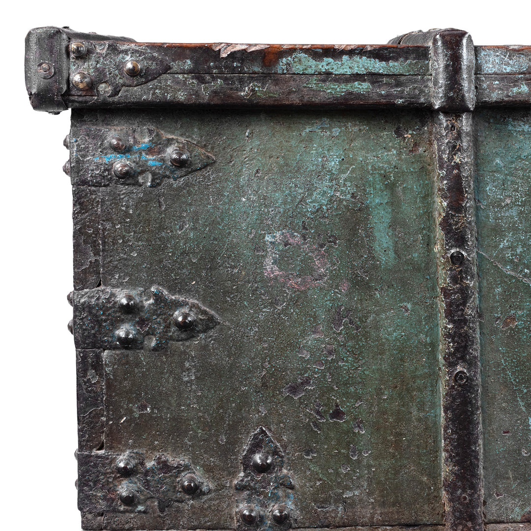 Corner Detail From Antique Indian Green Painted Iron Bound Chest on Wheels