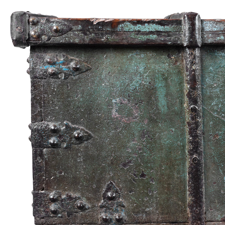 Corner Detail From Antique Indian Green Painted Iron Bound Chest on Wheels