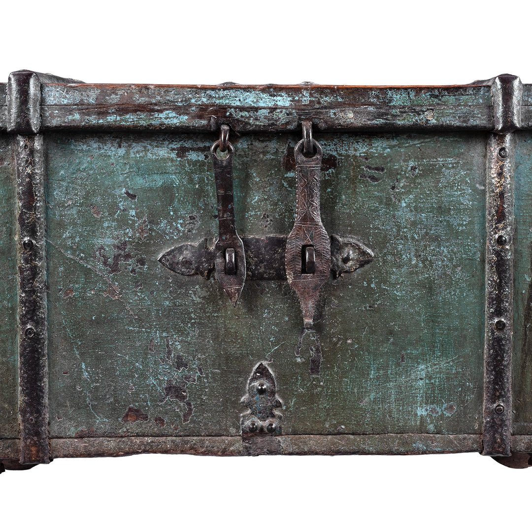 Latch Detail From Antique Indian Green Painted Iron Bound Chest on Wheels