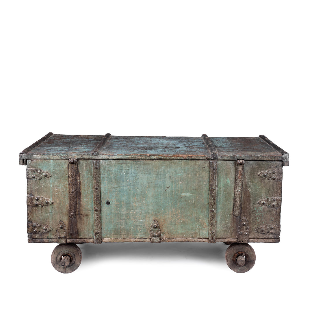 Back Of Antique Indian Green Painted Iron Bound Chest on Wheels
