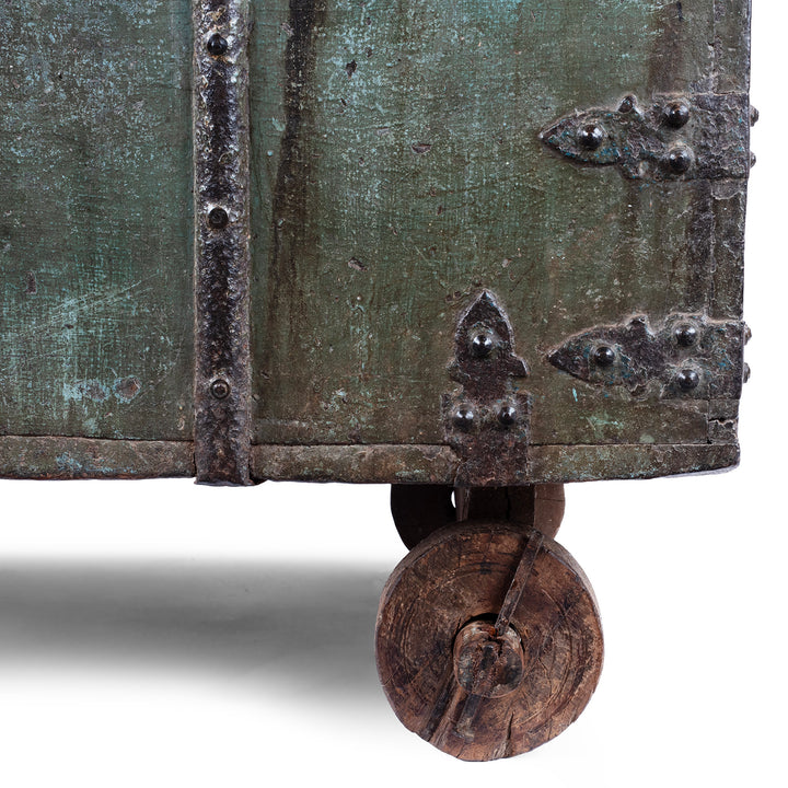 Wheels Detail From Antique Indian Green Painted Iron Bound Chest on Wheels