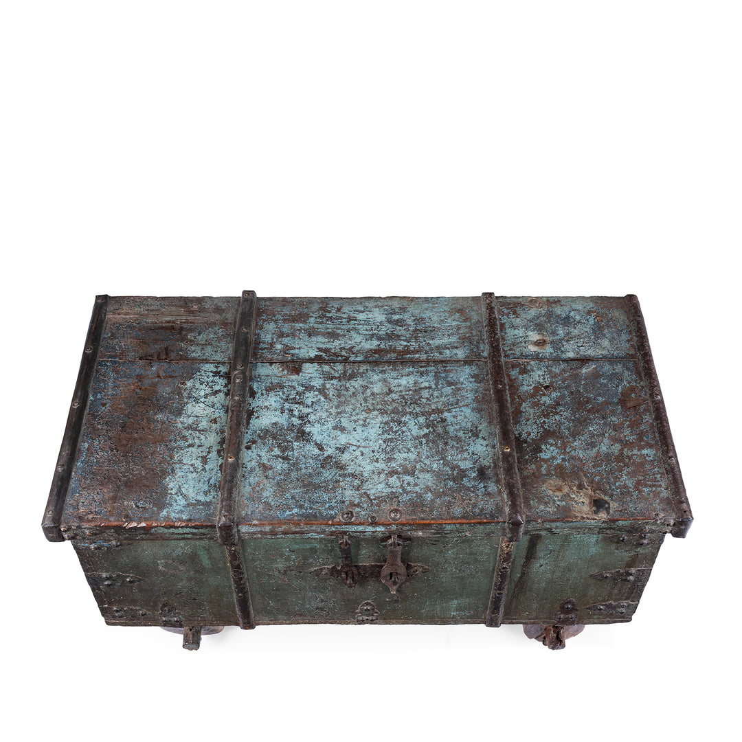Top Down View Of Antique Indian Green Painted Iron Bound Chest on Wheels