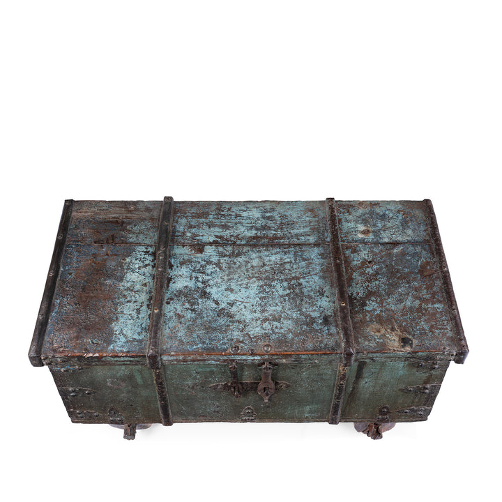 Top Down View Of Antique Indian Green Painted Iron Bound Chest on Wheels