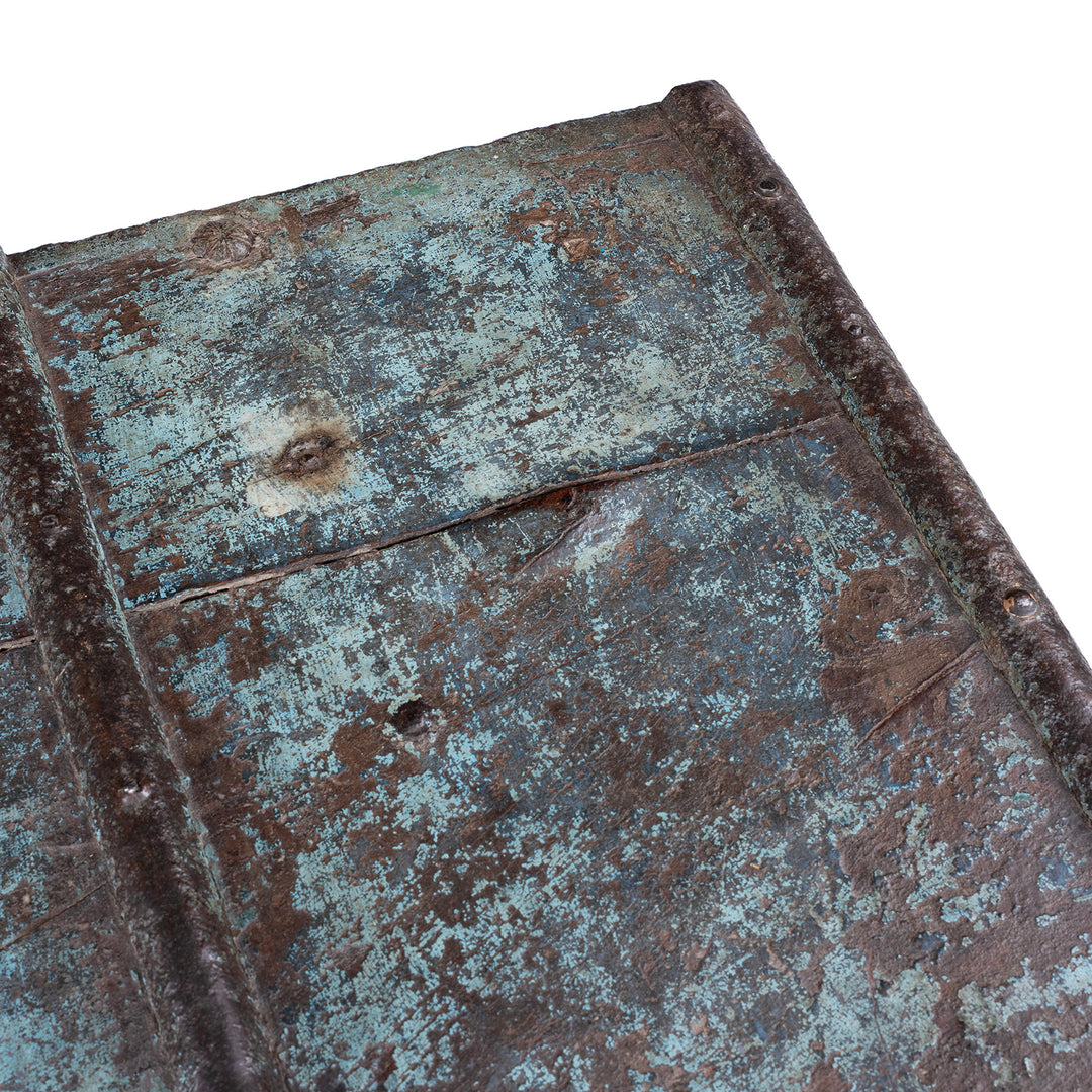 Top Corner Detail From Antique Indian Green Painted Iron Bound Chest on Wheels