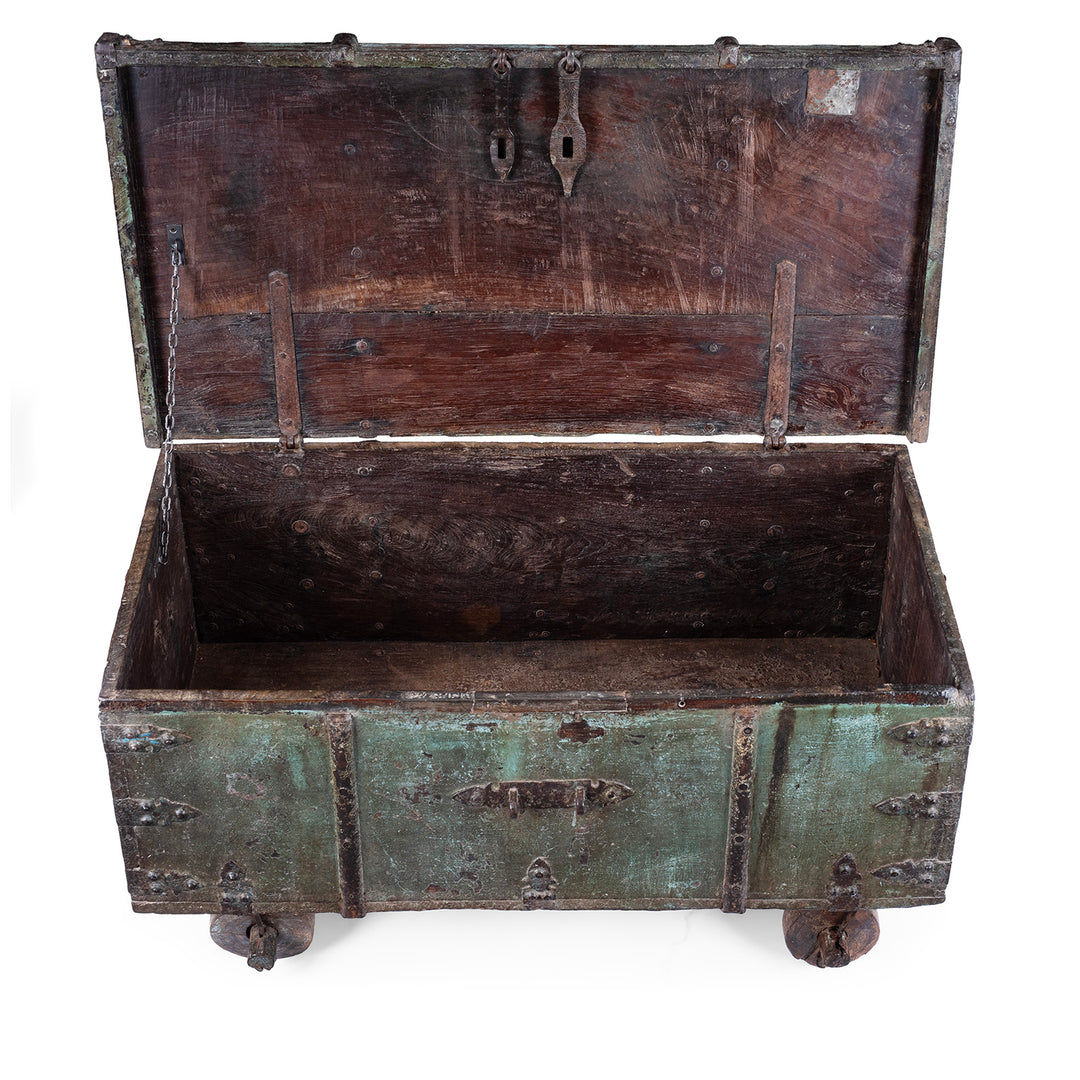 Interior Of Antique Indian Green Painted Iron Bound Chest on Wheels