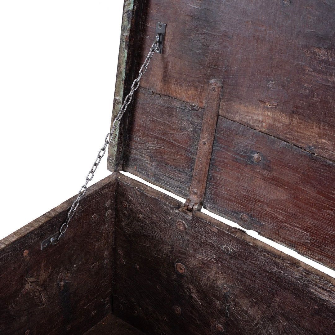 Chain Detail From Antique Indian Green Painted Iron Bound Chest on Wheels