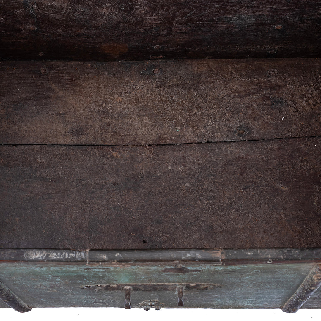 Interior Of Antique Indian Green Painted Iron Bound Chest on Wheels