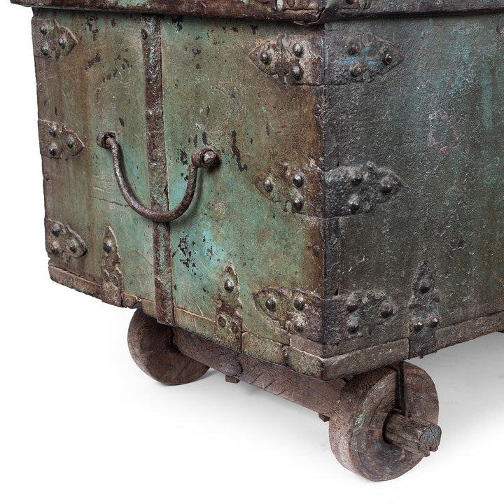 Handle Detail From Antique Indian Green Painted Iron Bound Chest on Wheels