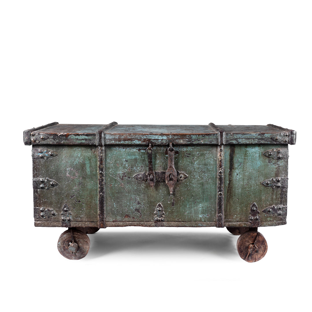 Antique Indian Green Painted Iron Bound Chest on Wheels