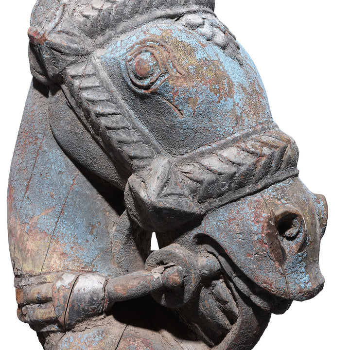 Face Detail From Antique Indian Carved Horse Head Corbel On Stand | Indigo Antiques