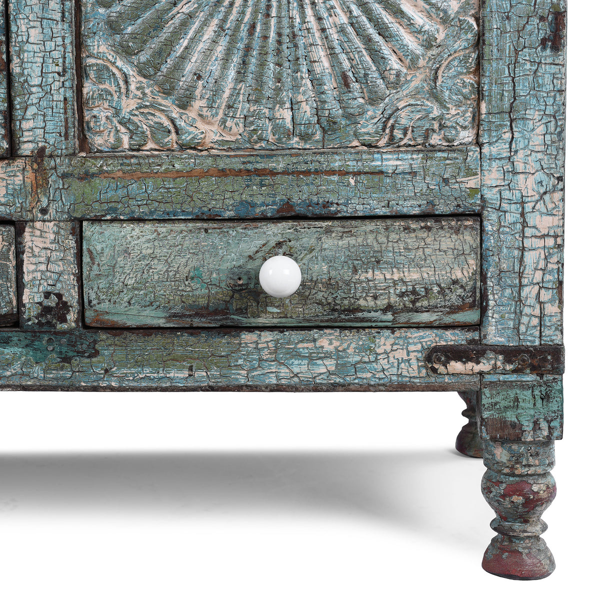 Leg And Drawer Detail From Antique Indian Green Painted Majus | Indigo Antiques