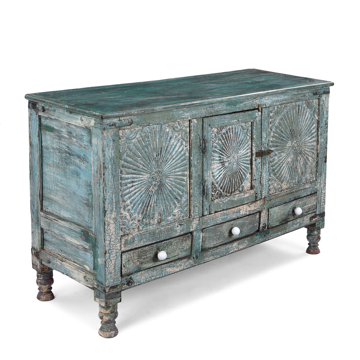 Angled VIew Of Antique Indian Green Painted Majus | Indigo Antiques