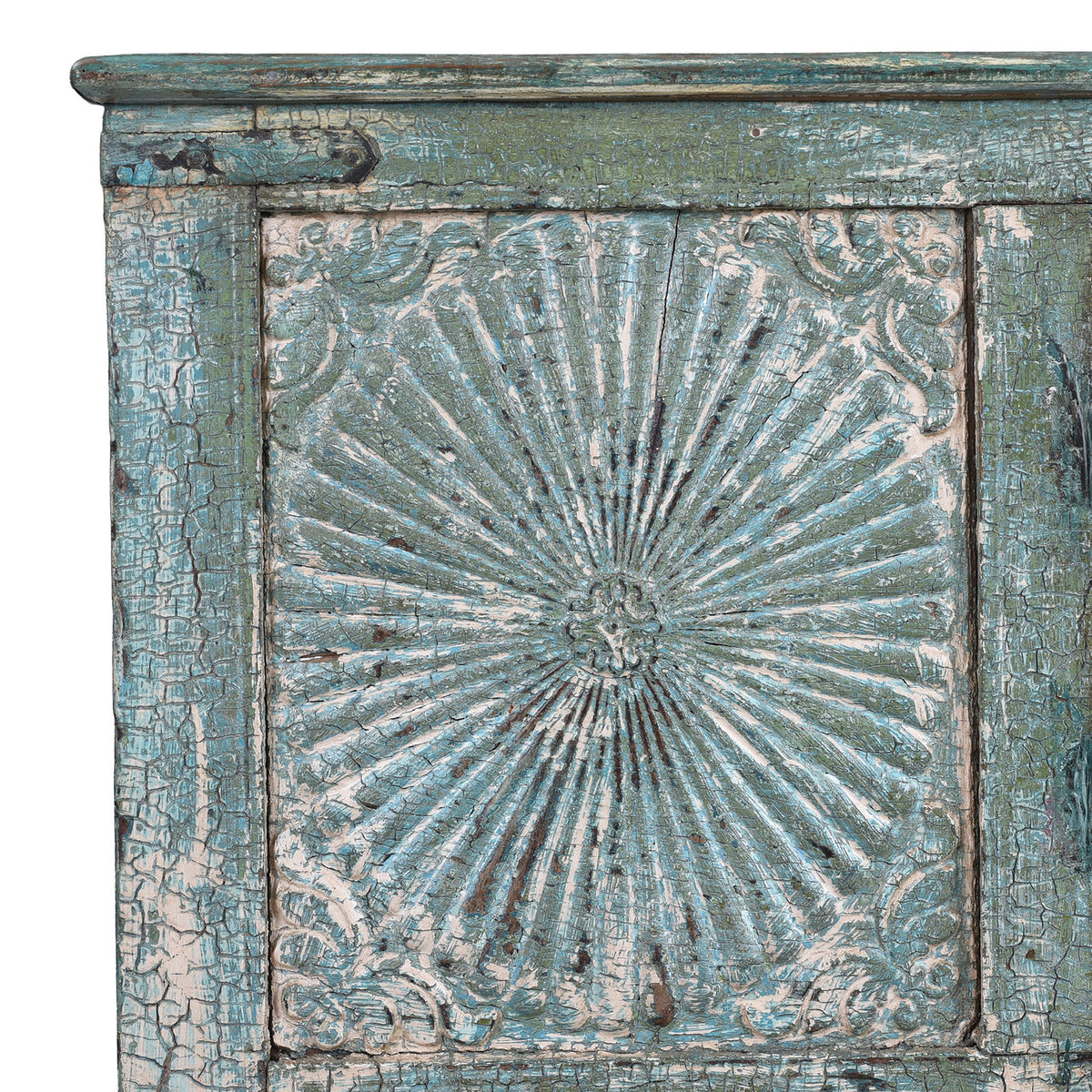 Corner Detail From Antique Indian Green Painted Majus | Indigo Antiques