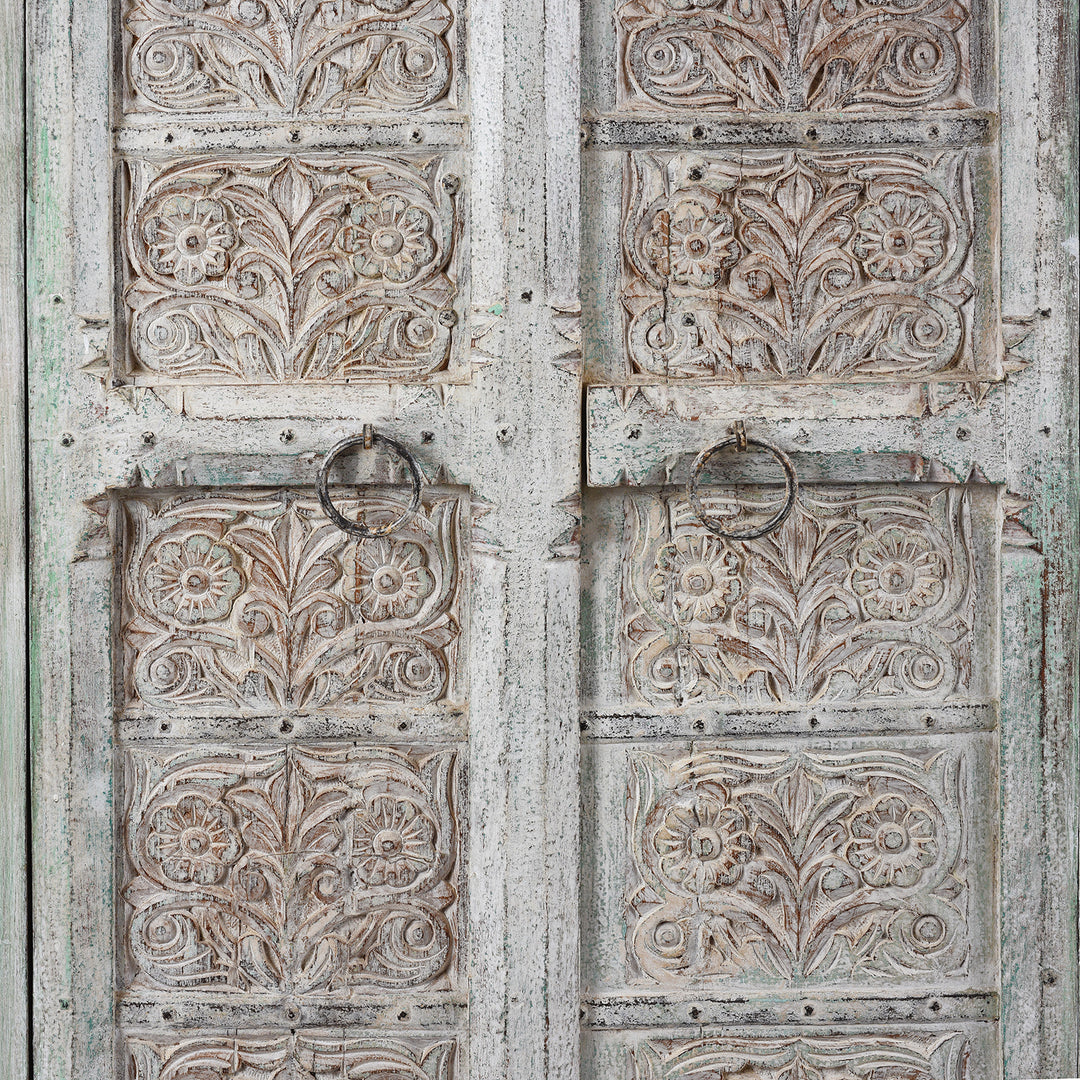 Carving Detail From Large Painted Cabinet Made From Reclaimed Teak Doors | Indigo Antiques