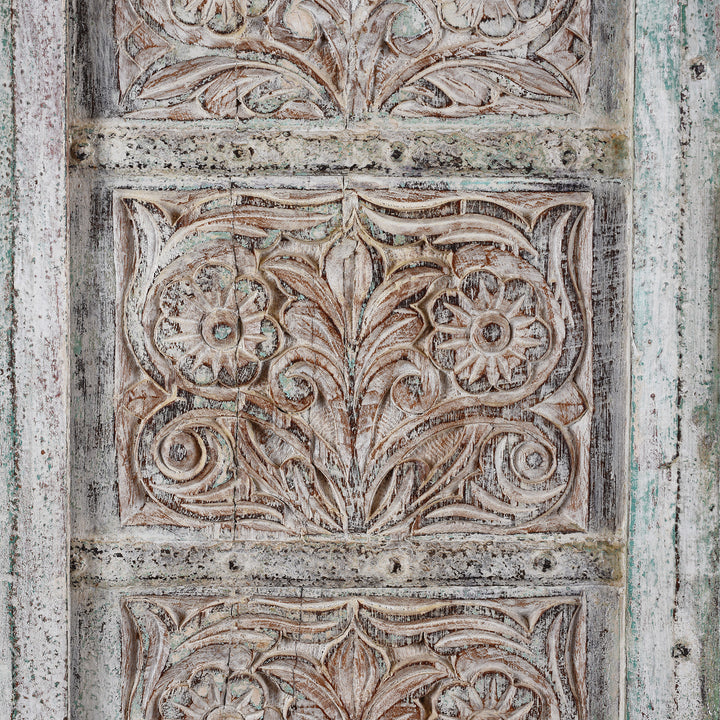 Carving Detail From Large Painted Cabinet Made From Reclaimed Teak Doors | Indigo Antiques