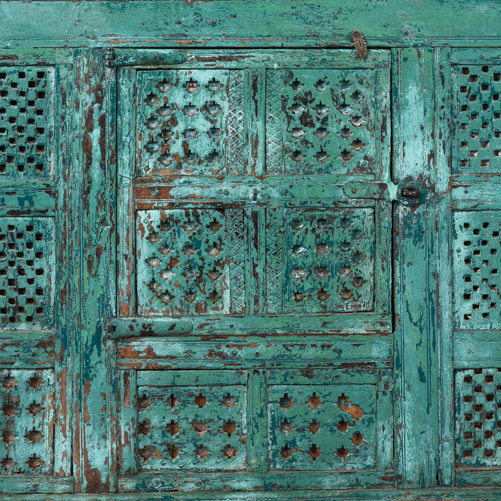 Carved Door Detail From Antique Indian Green Painted Majus | Indigo Antiques