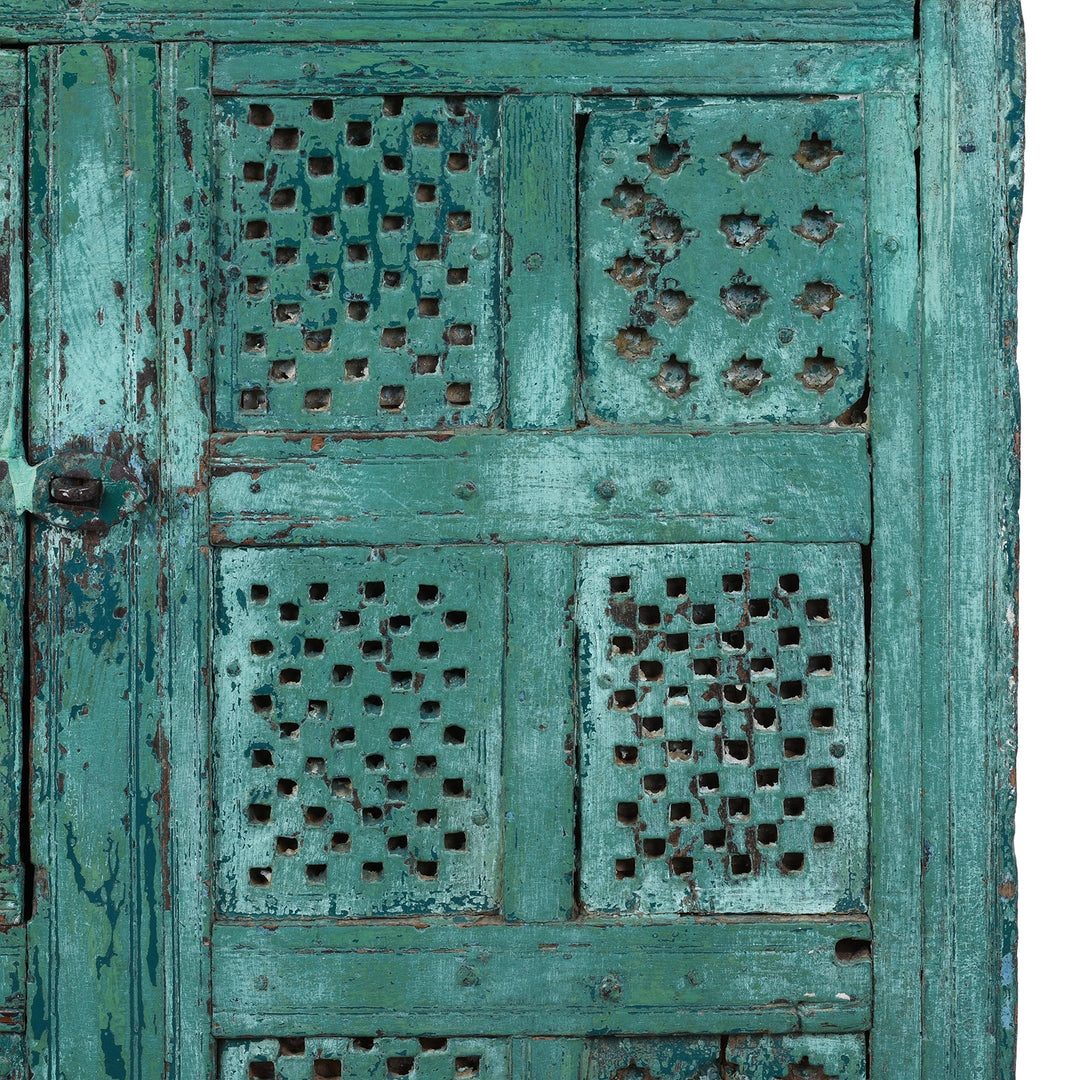 Carving Detail From Antique Indian Green Painted Majus | Indigo Antiques