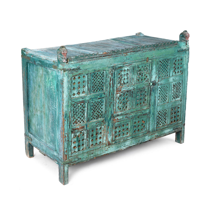 Angled VIew Of Antique Indian Green Painted Majus | Indigo Antiques
