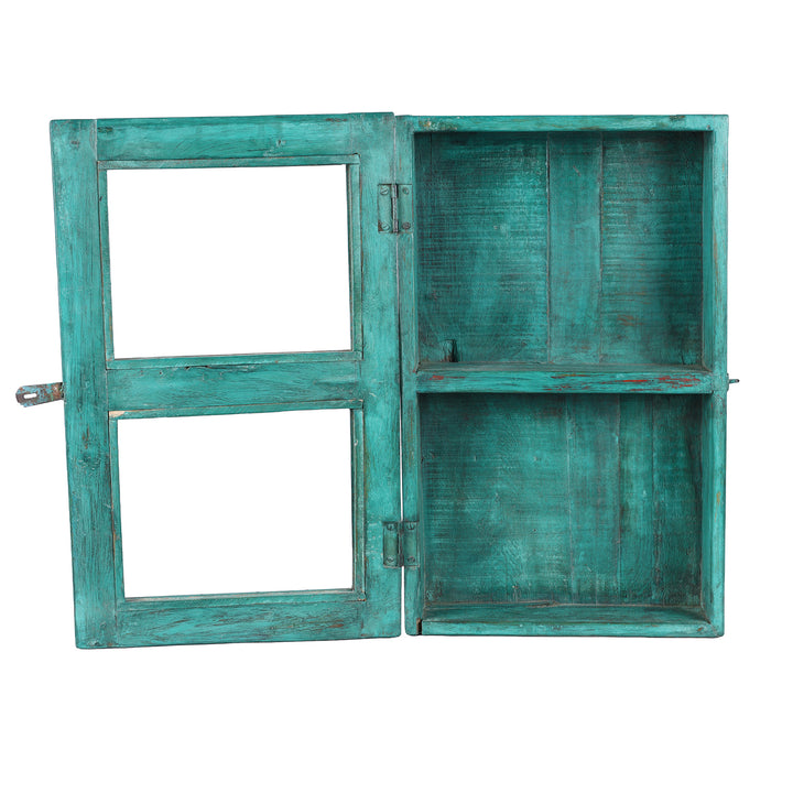 Open DOors VIew Of Green Painted Teak Glazed Wall Cabinet | Indigo Antiques