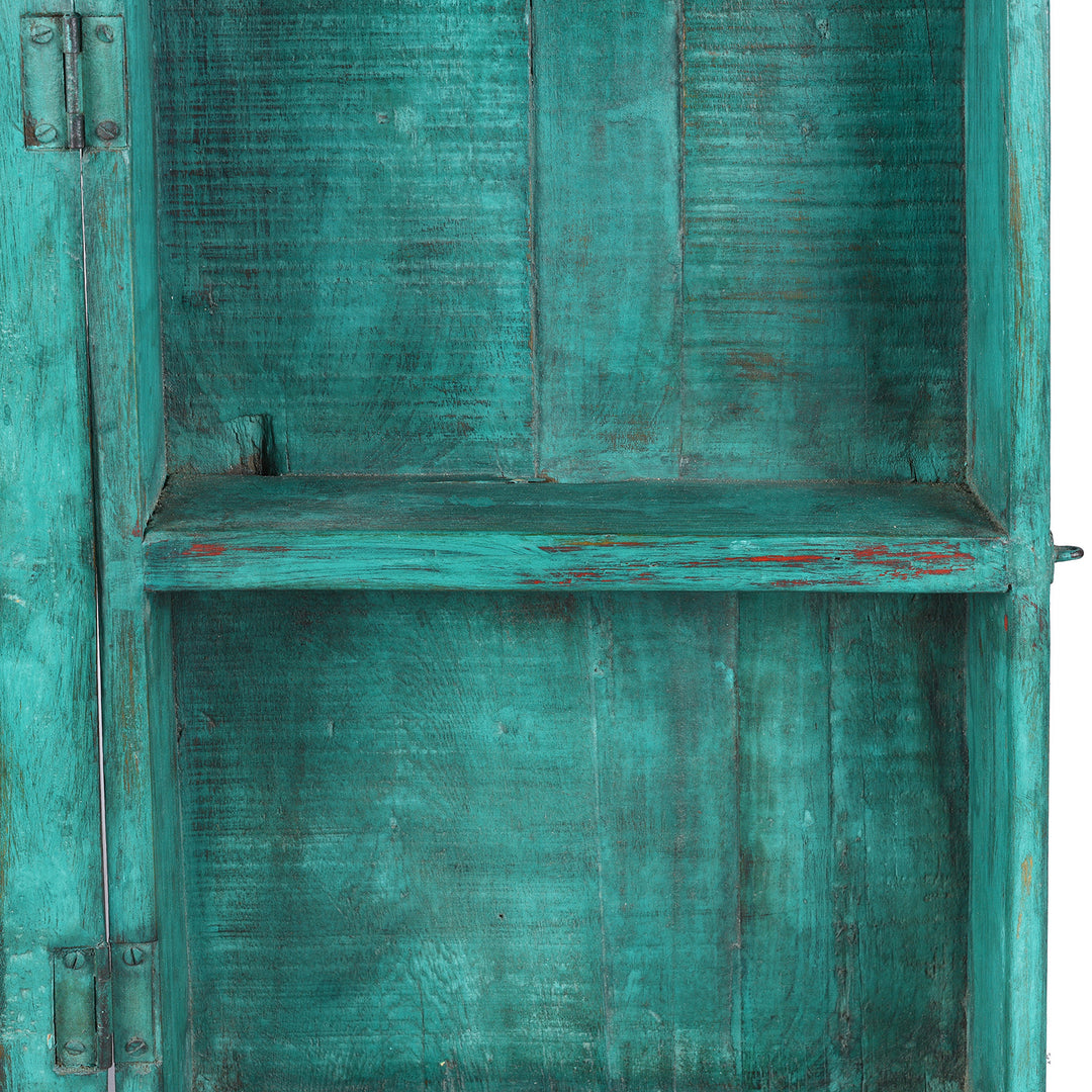 Interior Of Green Painted Teak Glazed Wall Cabinet | Indigo Antiques