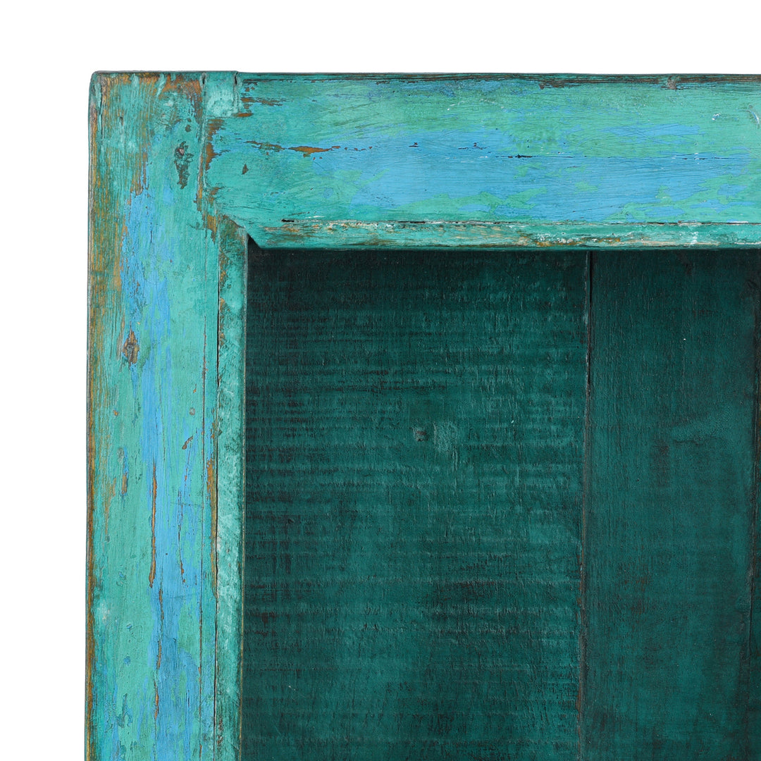 Corner Detail From Green Painted Teak Glazed Wall Cabinet | Indigo Antiques