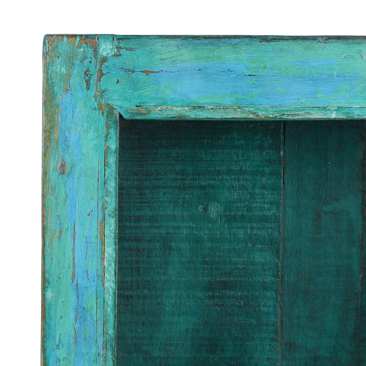 Corner Detail From Green Painted Teak Glazed Wall Cabinet | Indigo Antiques